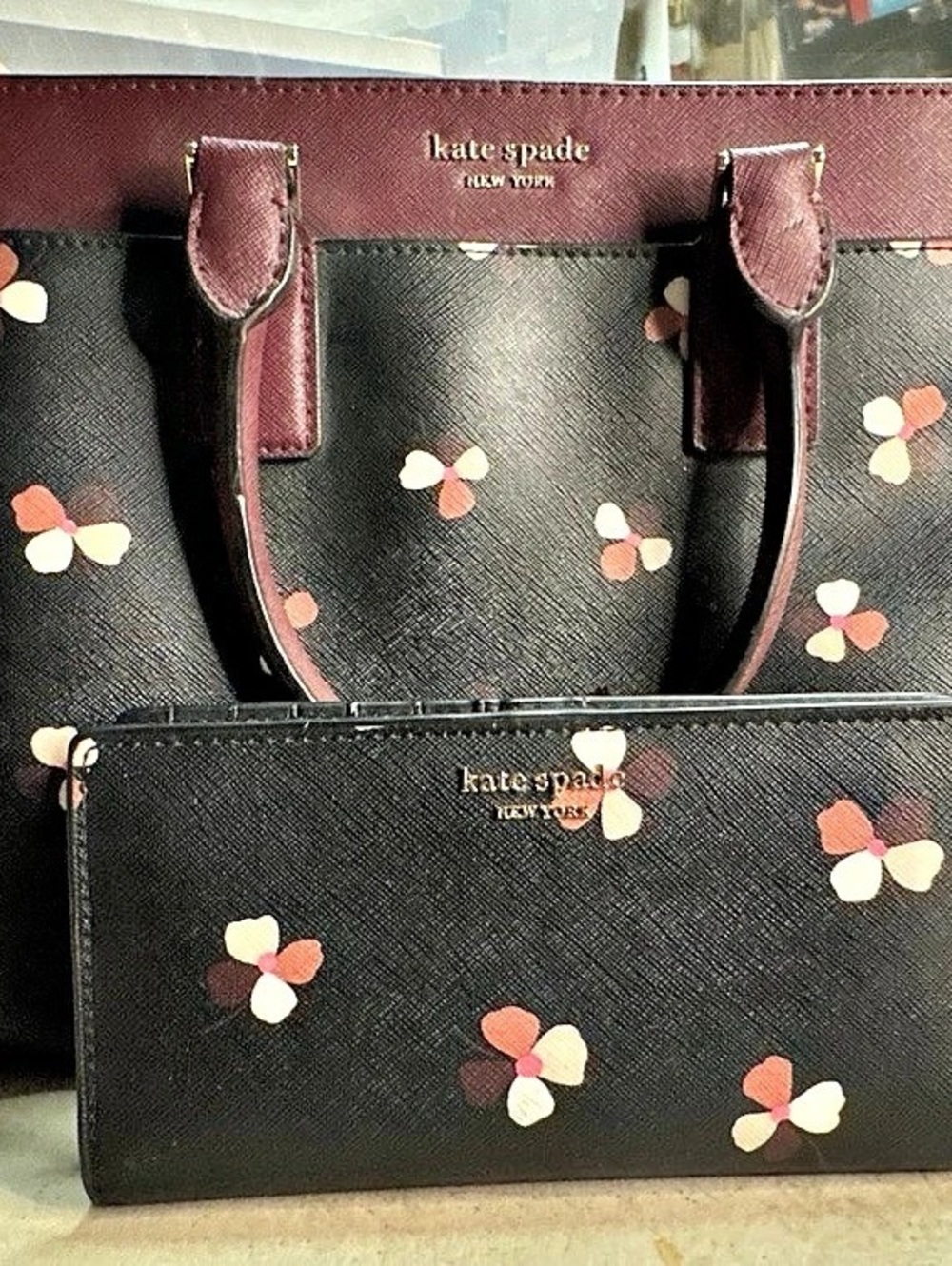 Kate Spade Floral Satchel in Black & Burgundy and Wallet